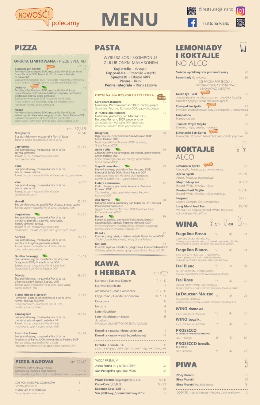 Trattioria Rialto Kraków Menu Pizza, pasta, napoje