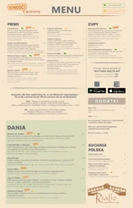 Trattioria Rialto Kraków Menu Primi, zupy, dania główne