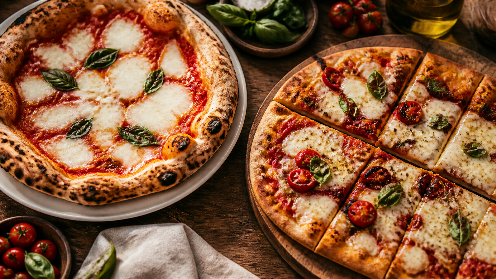 Pizza neapolitańska i rzymska podane obok siebie na stole w restauracji włoskiej
