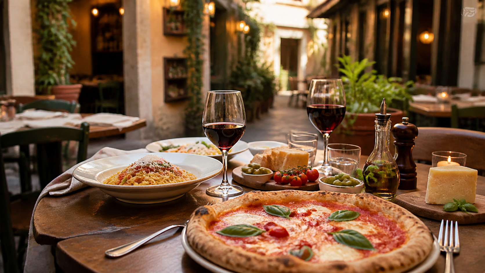 Stół w restauracji włoskiej z pizzą, pastą i przytulnym wnętrzem w tle
